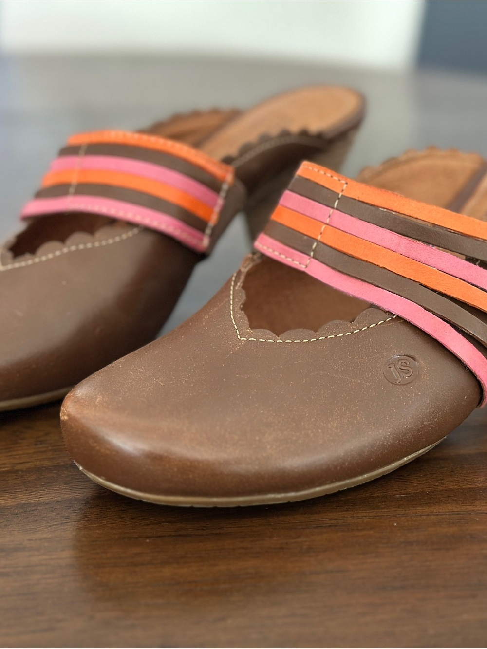 Josef Seibel Brown Leather Mules with Pink & Orange Straps